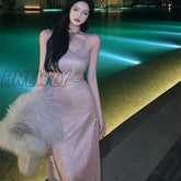 Hnewly Sexy Slim Fit Spaghetti Strap Dress Women Fashion Sequin Off Shoulder Party Woman Elegant